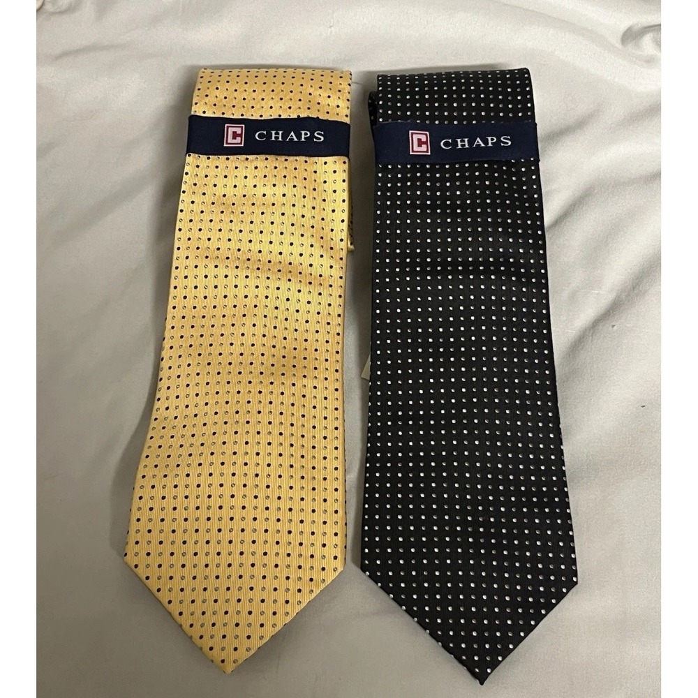 Lot Of 2 NWT Chaps Ralph Lauren Hand Made Silk Neckties Yellow & Navy Polka Dots